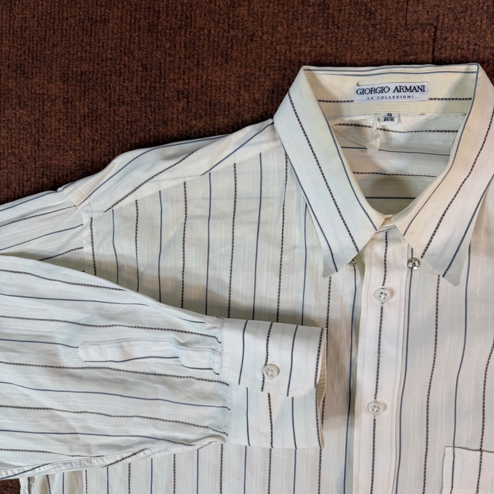 Giorgio Armani Le Collezioni Men White Striped Button Down Shirt Size 16 34/35